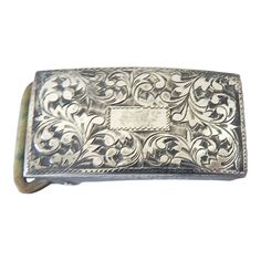 Vintage circa 1950's engraved sterling silver buckle.  Overall foliate design with a small blank area that you could have monogrammed.  Marked on back sterling, accomodates a 1" wide belt, 1" x 2", overall patina. Chanel Chain Belt, Linda Thompson, Chain Belts, Gold Belts, Silver Belts, Louis Vuitton Belt, Chanel Belt, Brown Belt, Antique Design