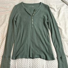 Aerie Waffle Knit Long Sleeve Shirt. Never Worn So It’s Basically Brand New. Aerie Waffle Long Sleeve, Everyday Ribbed Henley Neckline Tops, Everyday Ribbed Henley Tops, Ribbed Button-up Tops For Layering, Cozy Button-up Top For Everyday, Green Casual Long Sleeve Top For Layering, Casual Ribbed Knit Long Sleeve Top, Casual Green Long Sleeve Top For Layering, Layering Textured Knit Button-up Top