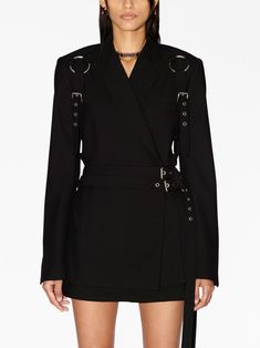 Find AMBUSH Harness Blazer Minidress on Editorialist. black virgin wool wrap design notched lapels chest welt pocket shoulder pads long sleeves decorative harness belt detailing belted waist thigh-length Blazer With Harness, Surrealism Fashion, Harness Belt, Wool Wrap, All Black Outfit, Blazer Dress, Black Outfit, Shoulder Pads, All Black