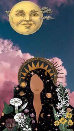 an image of a woman with flowers in her hair and the moon above her head