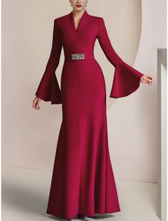 Wholesa A-Line Mother of the Bride Dress Wedding Guest Elegant Party V Neck Floor Length Stretch Chiffon Long Sleeve with Pleats Crystal Brooch Elegant Fitted Chiffon Mother Of The Bride Dress, Long Sleeve Mother Of The Bride Dress For Banquet, Chiffon Long Sleeve Mother Of The Bride Dress, Chiffon Mother Of The Bride Dress With Long Sleeves, Elegant Chiffon Mother Of The Bride Evening Dress, Elegant Chiffon Party Gown, Elegant Chiffon Evening Dress For Wedding, Elegant Chiffon Mother Of The Bride Dress For Banquet, Elegant Embellished Mother Of The Bride Dress