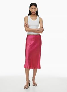 SLIP SATIN MIDI SKIRT | Aritzia Midi Slip Skirt, Water Footprint, Satin Midi Skirt, Slip Skirt, Window Shopping, Wardrobe Essentials, Midi Skirt, Elastic Waist, High Rise