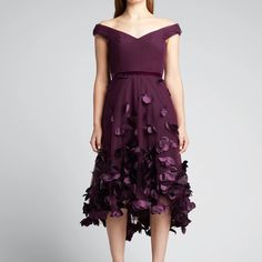 Marchesa Notte Tulle Cocktail Dress With 3d Flower Embellishments Size 8 Off-The-Shoulder Neckline Cap Sleeves Draped Bodice Banded Waist A-Line Silhouette High-Low Hem Invisible Back Zipper Nylon Imported Off-shoulder Floral Applique Party Dress, Purple Off-shoulder Cocktail Dress, Marchesa Dresses, Marchesa Dress, Tulle Cocktail Dress, Elegant Cocktail Dress, Draped Bodice, Flower Embellishments, Dress The Population