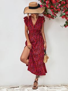 F00187564-303 Casual Belted Maxi Dress For Date Night, Red V-neck Midi Sundress, Red Belted Midi Dress For Summer, Red Belted Midi Dress, Red Belted V-neck Dress, Chic Red Belted Midi Dress, Red Knee-length Maxi Dress For Day Out, Red Short Sleeve Belted Dress, Summer Red Belted Dress