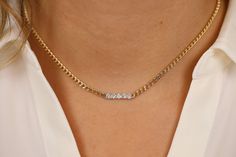 14k Gold Cuban Chain Diamond Necklace / 3mm Cuban Link Necklace with Large Diamonds in 5 Prong Setting / Curb Chain Necklace / 0.60ctw ✔ Handmade ✔ Natural Diamond ✔ Total Carat Weight Diamonds: 0.60ctw ✔ Dimensions of Setting: 3.5 mm The dimension of the links: 3mm Available 14K Yellow Gold ( SOLID GOLD ) 🛠 All Sarah Elise pieces are handcrafted to order, please allow 4 - 10 business days for shipping out. Need it sooner? Just ask and we will let you know if it's possible. 💎 We use only top-g Cubic Zirconia Diamond Necklace With Curb Chain For Gifting, Diamond White Curb Chain Necklace For Gift, Diamond White Necklace With Curb Chain For Gift, Elegant Gold Diamond Necklace With Curb Chain, Cuban Link Diamond Necklace With Diamond Accents For Anniversary, Diamond White Curb Chain Jewelry For Anniversary, Fine Jewelry Diamond Necklace With Curb Chain, Fine Jewelry Diamond Necklace With Curb Chain As Gift, Gift Cuban Link Diamond Necklace With Curb Chain