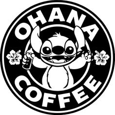 the logo for coffee with an image of a cartoon character holding a cup in front of it