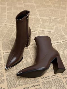 Brown  Collar     Embellished  Winter Women Shoes Iconic Heels, Botas Western, Brown High Heels, Pointed Toe Ankle Boots, Shoes Heels Classy, Shoes Outfit Fashion, Pakaian Feminin, Shein Outfits, Heels Classy