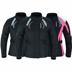 three women's jackets with pink and grey details on the shoulders, one in black and