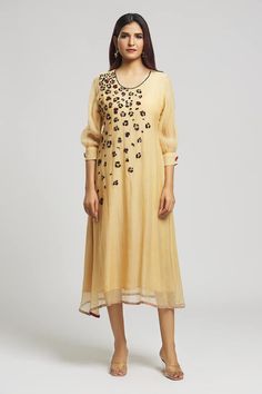 Beige kurta with sequin and bead embroidered floral patterns. - Aza Fashions Traditional Embellished Embroidered Dress For Designer Wear, Traditional Hand Embellished Chanderi Kurta, Embellished Embroidered Dress For Eid Designer Wear, Traditional Embellished Embroidered Georgette Dress, Embroidered Multicolor Embellished Designer Dresses, Embellished Multicolor Embroidery Dress For Reception, Embellished Multicolor Embroidery Designer Dress, Hand Embellished Embroidered Dress For Eid Festival, Embellished Chanderi Kurta For Transitional Season