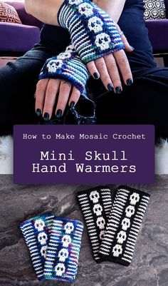 two crocheted hand warmers with the text how to make mosaic crochet