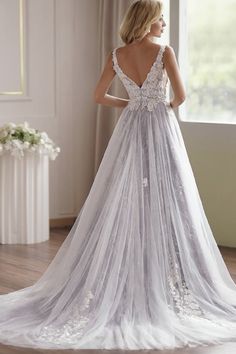 a - line v - neck tulle with appliques sweep train wedding dress