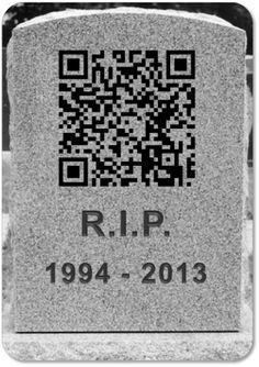 a tombstone with a qr code on it's head and the words rip