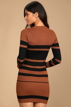 Lulus Exclusive! The Thankful for You Brown and Black Striped Sweater Dress was is reminding us of all the reasons to feel gratitude! This stretchy ribbed knit bodycon dress boasts a crew neckline, long sleeves, and a figure-skimming fit, all covered with alternating stripes of black and rust brown. Mini hem wears well with your fave OTK boots! Fit: This garment fits true to size. Length: Size small measures 33.5" from shoulder to hem. Fabric: Fabric is very stretchy. Unlined. 80% Rayon, 20% Nyl Black Striped Sweater, Ribbed Knit Bodycon Dress, Knit Bodycon Dress, Boots Fit, Thankful For You, Bodycon Sweater, Bodycon Sweater Dress, Otk Boots, Striped Sweater Dress