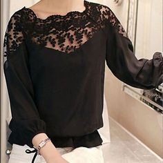 FREE SHIPPING Women 34 Sleeve Lace Hollow Casual Chiffon Blouse Crop Tops JKP1782 Elegant Non-stretch Chiffon Blouse, Elegant Stretch Blouse With Lace Patchwork, Elegant Stretch Lace Patchwork Blouse, Spring Lace Chiffon Top, Spring Chiffon Lace Top, Elegant Black Chiffon Blouse, Elegant Black Chiffon Top, Party Blouse With Lace Patchwork And Stretch Fit, Elegant Non-stretch Sheer Top