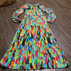 Nwt Multicolor Rainbow Print Dress Zipper Closure No Pockets Long Sleeve Wrists Are Stretchy Multicolor Pleated A-line Midi Dress, Multicolor Long Sleeve Pleated Dress, Pleated Multicolor A-line Midi Dress, Pleated A-line Multicolor Midi Dress, Multicolor Pleated Midi Dress, Multicolor Pleated Long Sleeve Maxi Dress, Multicolor Long Sleeve Pleated Maxi Dress, Chic Multicolor Pleated Midi Dress, Chic Pleated Multicolor Midi Dress