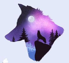 a wolf standing on top of a cliff under a purple sky