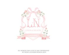 the logo for linda and nelson's personalized baby shower products, with pink flowers