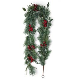 a christmas wreath with red berries and greenery hanging from the side on a white background