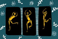 three yellow painted figures on black and blue background