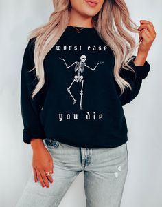 This fabulous skeleton sweatshirt is soon to become your new favorite!   Want a different design or color? Just let us know and we'll make it happen!  FIT & SIZING: * Ideal for any situation, this unisex heavy blend crewneck sweatshirt is pure comfort.  * Sweatshirts are comfortable for both men and women. * Please see the size chart in the photos to obtain an accurate size. Measure one of your favorite sweatshirts for comparison! * Ladies: For a looser fit, order one size up. GARMENT FEATURES: * These garments are made from polyester and cotton. This combination helps designs come out looking fresh and beautiful.  * The collar is ribbed knit, so it retains its shape even after washing. There are no itchy side seams on these sweaters. * Sweatshirts are made in the U.S.A. IMPORTANT INFO: * Emo Letter Print Sweatshirt For Fall, Black Crew Neck Sweatshirt With Skull Print, Trendy Long Sleeve Tops With Skull Print, Emo Skull Print Top For Fall, Emo Skull Print Tops For Fall, Grunge Crew Neck Sweater For Halloween, Emo Crew Neck Sweatshirt With Letter Print, Emo Sweatshirt With Letter Print And Crew Neck, Fall Emo Skull Print Top