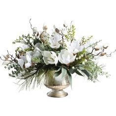 a silver vase filled with white flowers and greenery