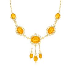 Ross-Simons - C. 1900 Vintage 20.00ct t. w. Citrine Drop Necklace, Diamond Accents. 16". C. 1900. A necklace as lavish as this deserves to be debuted with no less than your best dress! From our Estate collection, the Victorian-era necklace emits an enchanting glow from its 20.00 ct. t. w. oval citrines stationed along the neckline and suspending in a fiery diamond-accented trio. The jewels are ornately framed in 14kt yellow gold scrollwork. Cable chain. Box clasp, citrine drop necklace. Exclusiv Citrine Birthstone, Necklace With Diamond, Antique Jewelry Necklace, Citrine Jewelry, Best Dress, Fine Jewelery, Necklace Diamond, Box Clasp, Citrine Stone