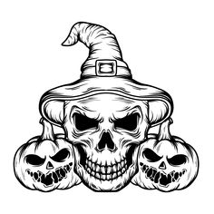 a skull wearing a witches hat with three pumpkins