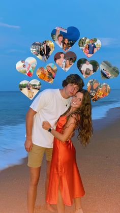 a man and woman standing on top of a sandy beach next to the ocean with heart shaped photos above them