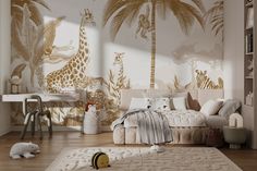 a bedroom decorated in gold and white with giraffes on the wall, palm trees