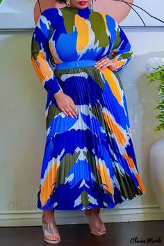 Olivia Mark - Lake Blue Posh Patchwork Two-Piece Set with O-Neck, Long Sleeves, and Stylish Print Design (Belt not Included) Look Casual Chic, Straight Clothes, Pleated Long Skirt, Printed Dresses, Yellow Print, Casual Sets, Blue And Yellow, Two Piece Dress, White Casual