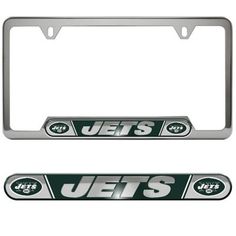 new york jets chrome license plate frame with the word's in green and white