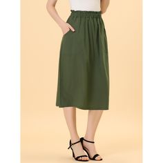 Remember the good times in this cotton A-line midi skirt.Simple and delicate, this skirt features elastic waist, slash pocket, solid color, cotton fabric, A-line, and midi length. From Monday to Sunday, this skirt is effortless to throw on. With the design of elastic waist, this skirt is easy to wear for all kinds of body shapes. Pair perfectly with a T-shirt or shirt for a stylish look. Cotton Skirt With Pockets For Daywear, Spring Cotton Maxi Skirt With Pockets, Cotton Maxi Skirt With Pockets For Spring, Spring Maxi Skirt With Pockets For Daywear, Green Cotton Casual Maxi Skirt, Spring Green Skirt With Elastic Waistband, Relaxed Maxi Skirt With Pockets For Daywear, Green Skirt With Elastic Waistband For Spring, Spring Midi Skirt With Pockets