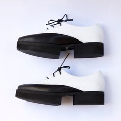 "Black and White Platform Oxfords, Leather Oxfords Shoes with Platform Heels For Women, Handmade Shoes, Oxford Shoes Women, minimalist These are Black & white oxfords with a platform in black color. They are comfortable and Chic and will look great with any outfit. Wonderful winter shoes for running around the city, day or night. There is good space for your toes and special thick sole that are a bit bouncy and adds 1.57 Inch to your heels, yet feel like they are flat. All of our shoes are handm White Office Heels With Rubber Sole, White Flat Heels With Rubber Sole, White Leather Shoes With Contrast Sole And Flat Heel, White Formal Heels With Rubber Sole, White Leather Shoes With Rubber Heel Cap, Modern White Leather Shoes With Contrast Sole, Modern White Leather Shoes With Rubber Sole, Modern White Leather Shoes, Modern White Leather Shoes With Almond Toe