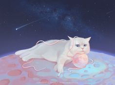 a white cat laying on top of a pink and blue planet with a string in it's mouth