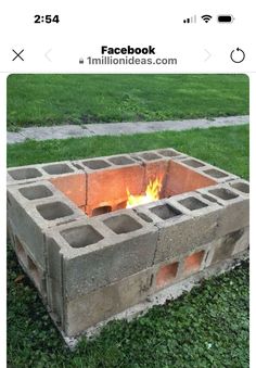 a fire pit made out of cinder blocks in the grass with text overlay that reads,