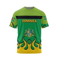 Dominica T Shirt Flag & Coat Of Arms Fire Hockey Style Green Crew Neck Shirt For Sports Events, Dominica Flag, Flag Shirt, Feel It, Coat Of Arms, High Definition, Unisex T Shirt, Hockey, Wrinkles