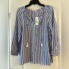 Such A Great Transition Piece To Add To Your Wardrobe! Tassel Detailing And The Fabric Is Very Soft! Casual Blue Blouse For Beach Season, Vineyard Vines, White Stripe, Vines, Blue White, Tunic Tops, Color Blue, Blue And White, Womens Tops