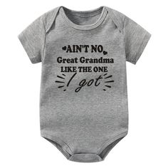 Includes: OnesieMaterial: Cotton Gender: Boys & GirlsPattern: LettersSleeve Length: ShortSummary: Baby Toddler Short Sleeve Ain't No Great Grandma Like The One I Got Onesie Gray Short Sleeve Summer Bodysuit, Fitted Gray Top With Letter Print, Printed Fitted Cotton Bodysuit, Black Cotton Onesie For Spring, Spring Cotton Black Onesie, Spring Black Cotton Onesie, Fitted Family Matching Tops With Name Print, Black Short Sleeve Onesie For Summer, Fitted Short Sleeve Printed Bodysuit