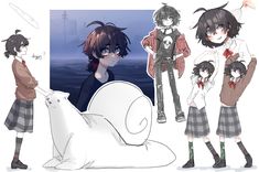 an image of some anime characters with their pet polar bear and other people in the background