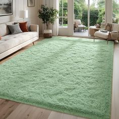 a living room with a green rug on the floor