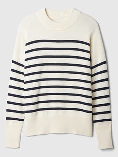 Soft cotton knit. Dropped shoulder, long sleeves with ribbed cuffs. Ribbed crewneck. Ribbed hem. Allover stripes. #617706 Winter Fits, Cotton Knit, Crewneck Sweater, Stripe Sweater, Drop Shoulder, Crew Neck Sweater, Sweaters & Cardigans, Gap, High Neck