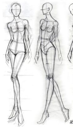 three sketches of female mannequins in various poses