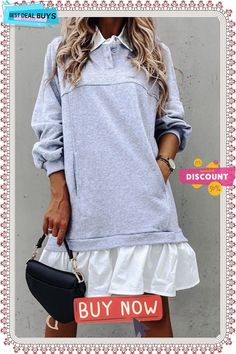 Two Pieces Patchwork Pocket Dress Casual Long Sleeve Mini Dress With Pockets, Long Sleeve Dress With Pockets For Day Out, Long Sleeve Mini Dress With Pockets For Day Out, Casual Gray Patchwork Dress, Gray Workwear Dresses With Pockets, Dress Streetwear, Patchwork Sweatshirt, Ladies Dresses, Long Puff Sleeves