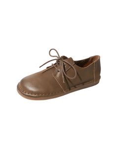 Spring Soft Leather Lace-up Retro Flat Shoes — Obiono Brown Brogue Lace-up Flat Shoes, Casual Brogue Leather Lace-up Shoes, Brown Leather Lace-up Shoes With Rubber Sole, Brown Round Toe Lace-up Shoes For Spring, Brown Lace-up Shoes With Round Toe For Spring, Casual Brown Lace-up Flats, Casual Lace-up Shoes With Leather Sole, Brown Lace-up Flats For Spring, Leather Flats With Laces And Round Toe