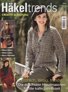 the front cover of a knitting book with an image of a woman wearing a knitted sweater