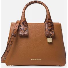 Michael Kors New Large Acorn Leather $398 Snake Detail Rollins Satchel Purse Handbag - Women | Color: Brown Great Bag For The Fall. Height: 10 Inches Width: 5.5 Inches Length: 13.5 Inches. It Comes With A Strap With Lobster Clasp And The Original Dust Bag. Michael Kors Handbags Black, Red Satchel, Brown Leather Satchel, Michael Kors Satchel, Michael Kors Tote Bags, Gold Handbags, Black Leather Purse, Satchel Purse, Purses Michael Kors