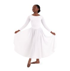 A simple classic look for your liturgical dance group. This Eurotard 13524C Polyester Dance Dress is floor length, but can be cut to any length without hemming (fabric won't run/fray). This pull-over dress has a modest round neckline and lined bodice. A classic, polyester praise dress with a modest scoop neck, long sleeves, and front lined bodice. The 'V' shaped waist fits and flatters a wide range of body types, making this style a popular concert dress for choir groups and liturgical uniform for dance ministries. The polyester material does not fray or unravel, so the skirt can be cut to any desired length without needing to be hemmed. Content: Polyester Click here For Adult Sizes Eurotard 13524 Adult Dress Shown Fitted Maxi Length Gown, Full Length Stretch Solid Color Dress, Solid Full Length Stretch Dress, Solid Color Fitted Gown With Long Sleeves, Solid Color Long Sleeve Fitted Gown, Solid Long Sleeve Fitted Gown, Classic Fitted Full-length Dress, Fitted Ballet Dress For Dance, White Fitted Full-length Gown