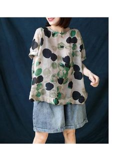 ARTISTIC RETRO POLKA-DOT ROUND-NECK T-SHIRT TOPS - rrdeye Cotton Yellow Dress, Midi Dress Plus Size, Linen Tshirts, Summer 3, Summer Linen, Linen Top, Batwing Sleeve, Summer Tops, Cotton Style