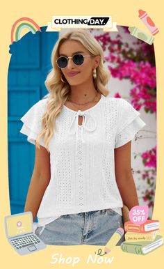 Eyelet Tie-neck Flutter Sleeve Blouse