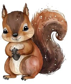 a watercolor painting of a squirrel holding a nut